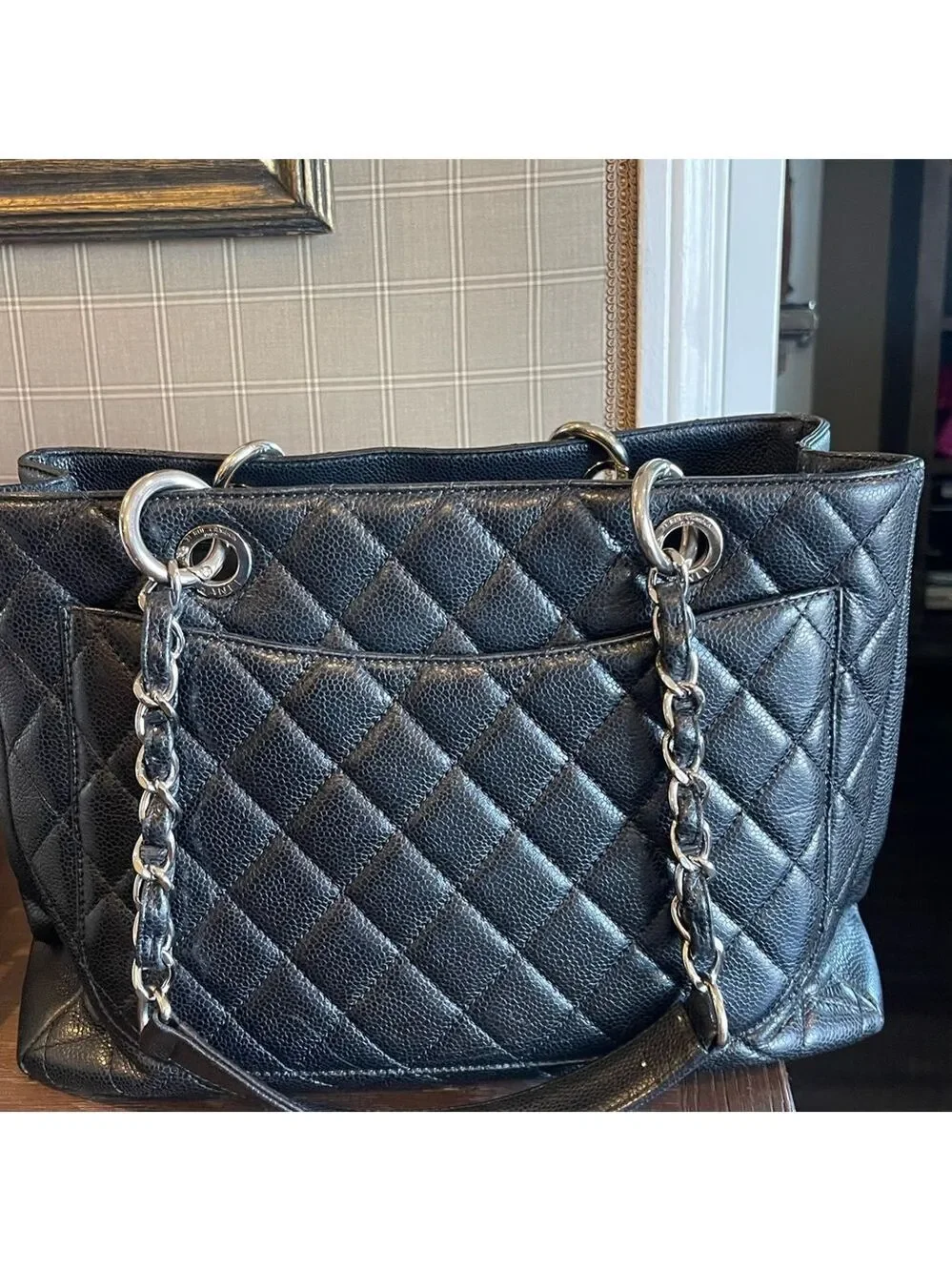 CHANEL Black Quilted Caviar Leather Tote with Interlocking CC